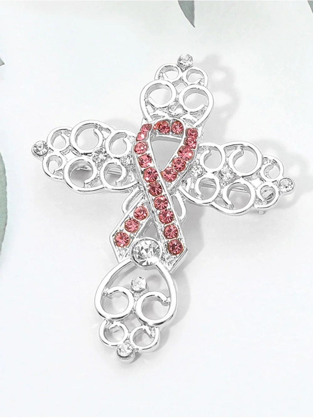 Pink Ribbon Cross Brooch - Silver Tone Women’s Jewelry